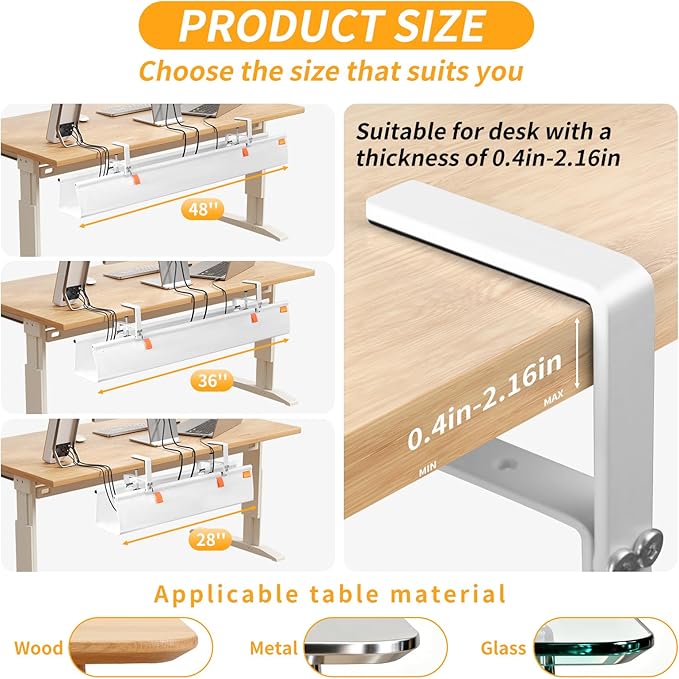 No Drill Under Desk Cable Management Tray, 48" Cord Organizer with Clamp, Fabric Cable Management for Standing Desks, Ideal for Home & Office - White