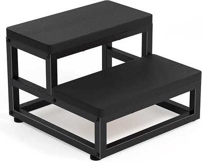 Two-Step Stool for Adults & Kids, Waterproof HDPE Bed Step with Adjustable Non-Slip Feet, Sturdy Metal Frame for Kitchen, Bathroom, Bedroom, RV & Outdoor Use, Black