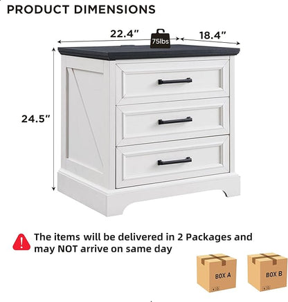 ACCOHOHO Farmhouse Nightstands Set of 2, 22 Inch Wide End Table with Charging Station & 3 Large Drawers, Rustic Wood Small Dresser Chest of Drawers for Bedroom, Living Room, Off White