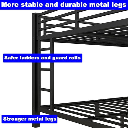 Upgraded Version Thicken Metal Heavy Duty Queen Over King Bunk Bed, Best Modern Style Stronger BunkBed Frame King Size with Ladders for Adults, Easy Assembly (Queen Over King)