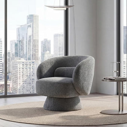 Swivel Accent Chair, Modern 360 Degree Swivel Barrel Chair with Arms & Curved Back and Lumbar Support Cushion, Comfy Round Single Boucle Sofa for Small Space, Living Room, Bedroom, Gray
