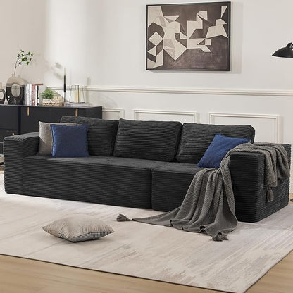 106" 3-Seater Sofa, Cloud Modular Sofa with Certified Foam, Upholstered Floor Sofa with Deep Seat, Upholstered Sofa for Bedroom Living Room, No Assembly Required (Plush Corduroy Fabric, Black)