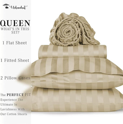 URBANHUT 800 Thread Count 100% Cotton Damask Queen Size Sheets, 4 Piece Striped Queen Size Bedsheets, Luxury Hotel Sheets Sateen Weave - Better Than Egyptian, 16" Elasticized Deep Pocket- Sand