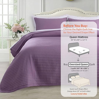 KASENTEX Oversized Queen Quilt Set 102"x106" – Soft Washed 3-Layer Lightweight Bedspread, Minimalist Nordic Design, All-Season Spring & Summer Quilt Set (1 Quilt + 2 Pillow Shams),Grape Jam Purple