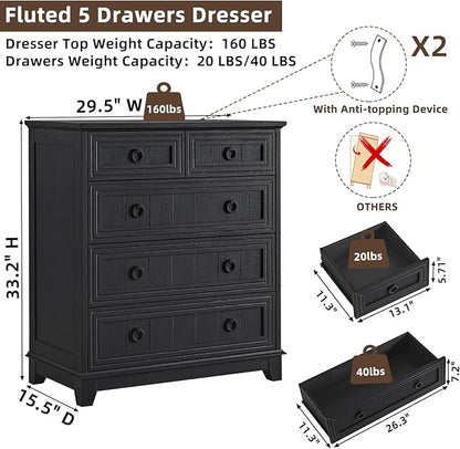 Farmhouse 5 Drawer Dresser for Bedroom, 33.2" Tall Small Dressers & Chest of Drawers, Rustic Wood Dresser with Metal Handle, Storage Organizer Closet for Living Room, Hallway, Entryway