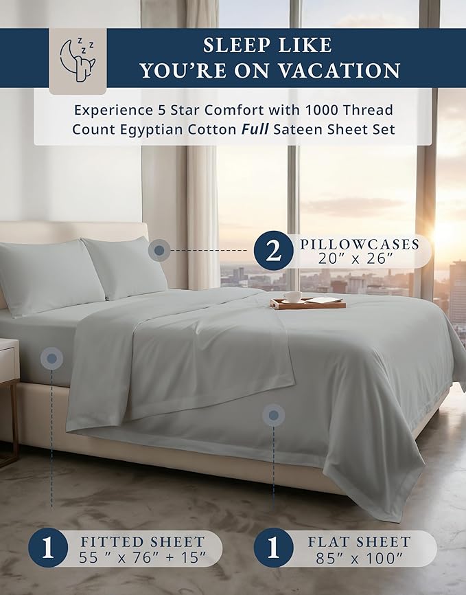 LANE LINEN 100% Cotton Full Bed Sheets - 1000 Thread Count, Sustainably Produced Luxury Hotel Like Thick Full Size Sheets Set, Naturally Temperature Regulating Machine Washable Cotton Sheets - Silver