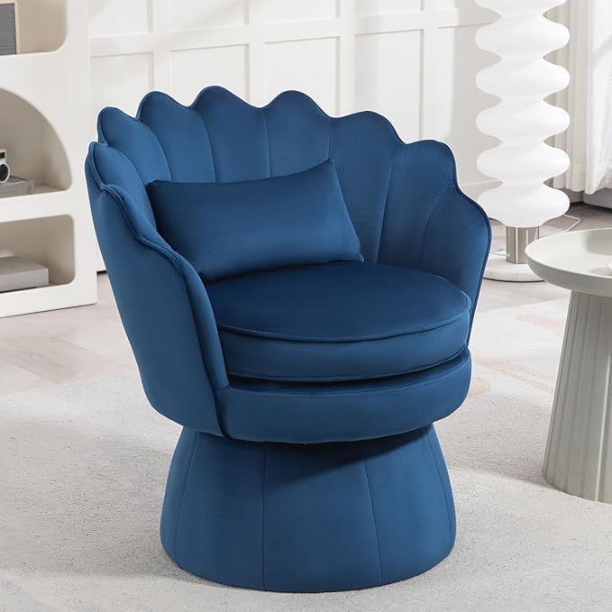 360° Swivel Accent Chairs Set of 2, Mid-Century Modern Velvet Barrel Chair, Comfy Shell Shape Arm Chair with Lumbar Pillow for Living Room, Bedroom, Office, Dark Blue