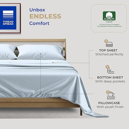 Thread Spread 100% Cotton Bed Sheets Twin XL Set - 400 Thread Count Cotton Twin XL Sheets Only, 3 PC Set (Light Blue), Soft, Breathable, Cooling, Sateen Weave 16" Deep Pocket Bedsheet for Hot Sleepers