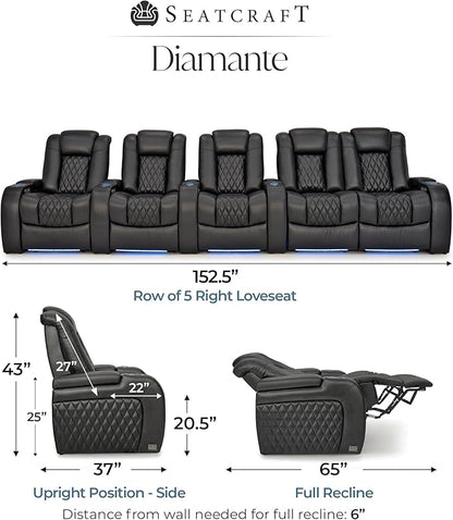 Seatcraft Diamante Zero-Gravity CoolZero Italian Leather Home Theater Seating, Power Headrest, Power Recline, Row of 5 Right Loveseat, Black