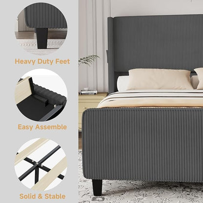 Queen Size Bed Frame with Headboard, Upholstered Platform Bed with Tall Wingback Headboard & Footboard, Corduroy Bed Frames with USB Ports, Easy Assembly, Gray