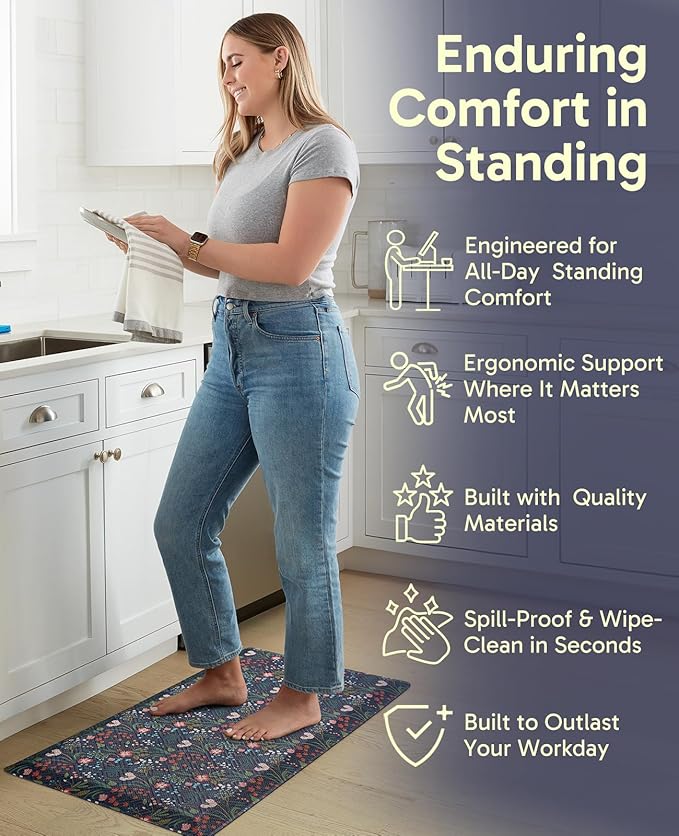 Ophanie Kitchen Mats for Floor, 3/4 inch Thick, 20x32 Anti Fatigue Cushioned Mat, Kitchen Rugs, Waterproof, Comfort Ergonomic Standing Mat for Office, Home, Sink, Blue Flower Non-Slip Ridged Bottom