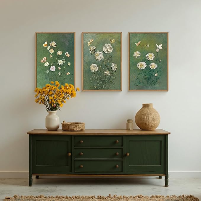 LHIUEM Vintage Moody White Roses Framed Canvas Wall Art,Abstract Flower Green Wall Decor,Nature Floral Butterfly Wall Painting,Aesthetic Blossom Artwork for Living Room,Dining Room,Office-16 x24 x3