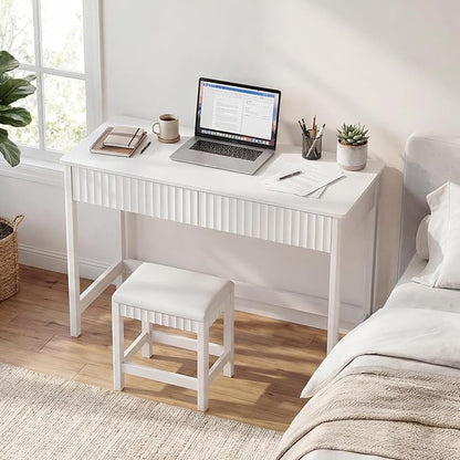 ChooChoo 47.2 Inch Modern Desk with Drawers, Makeup Vanity Desk with Padded Stool, Writing Computer Desk for Home Office & Bedroom, White