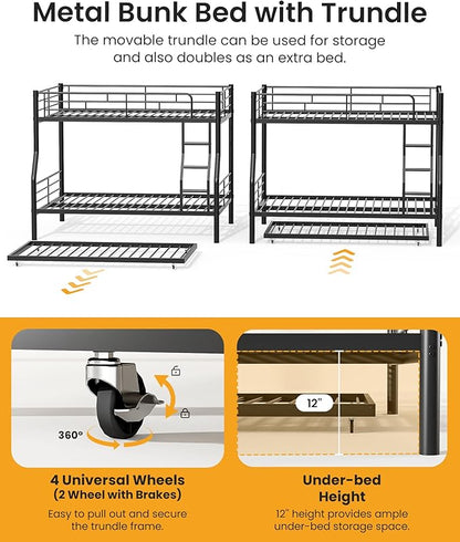 Full XL Over Queen Bunk Bed with Trundle, Heavy-Duty Metal Bunk Bed w/Full-Length Guardrail & EVA Padded Ladder, Convertible to 3 Separate Beds for Adults, Teens, Noise-Free, Black