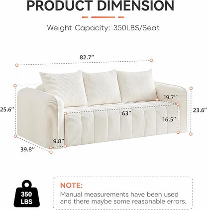 83'' Boneless Corduroy Sofa, Oversized 3 Seater Deep Seat Couch with Rounded Armrest, Modern Upholstered Cloud Sofa for Living Room, No Assembly, White