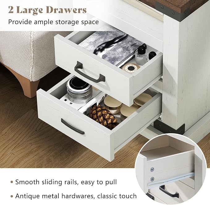 AMERLIFE Farmhouse End Table Set of 2, 18" Wood Night Stand with Charging Station & 4 Storage Drawers, Heavy Duty Bedside Nightstands for Bedroom, Living Room, Antique White