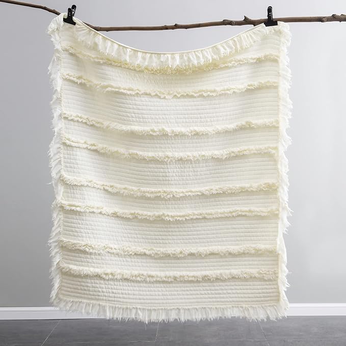 Ultra Soft Pre-Washed Quilted Boho Cream Queen Size Blankets for Bed, Ruffle Fringed Decorative Throw, Stone Washed Chic Rustic Blanket for Sofa Couch Bed, 90"*90"