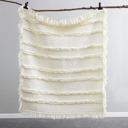 Ultra Soft Pre-Washed Quilted Boho Cream Queen Size Blankets for Bed, Ruffle Fringed Decorative Throw, Stone Washed Chic Rustic Blanket for Sofa Couch Bed, 90"*90"