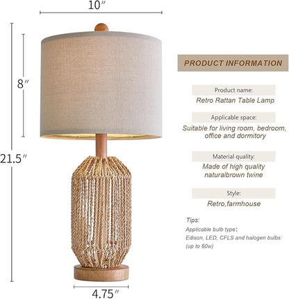 OYEARS 21" Boho Table Lamp for Living Room, Bedside Lamp for Nightstands, Rattan Lamp for Bedroom, Farmhouse Table Lamp for Room Decor, End Table, Retro, Brown, 1 Pack