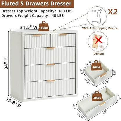 LEYAOYAO Fluted 5 Drawers Dresser for Bedroom, 34" Tall Modern Chest of Drawers with Metal Handle, Curved Profile Design,White Wood Drawer Organizer for Bedroom, Living Room, Hallway, Entryway
