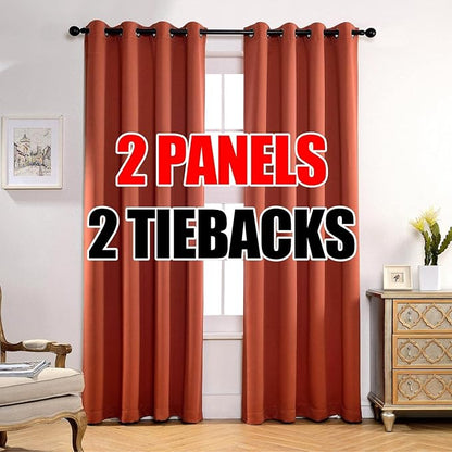 MIUCO Room Darkening Thermal Insulated Grommet Window Blackout Curtains Panels for Livingroom 1 Pair 52x84 Inch Rust, Bonus 2 Tie Backs Included