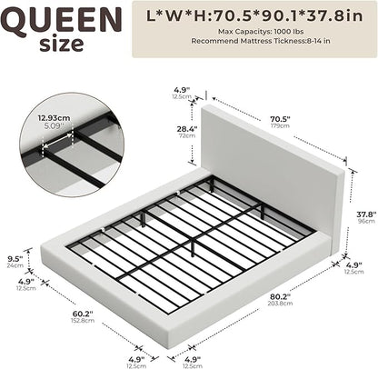 RECCI Cloud Upholstered Queen Bed Frame with Headboard, 5 Inch Foam Padded Platform, No Box Spring, Easy Assembly (Snow White)
