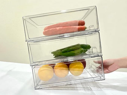 Stackable storage drawers, clear pull-out organizer with handles and non-slip pads for kitchen, refrigerator,office desktop, pantry and shelves, perfect for organization and storage (2 Pack, Large)