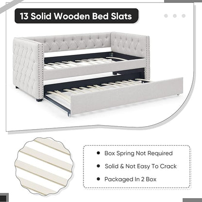 Antetek Daybed with Trundle, Upgraded Linen Upholstered Twin Size Day Bed Button-Tufted Sofa Daybed Frame with A Trundle,No Box Spring Needed,Furniture for Bedroom Living Room Guest Room (Beige, Twin)