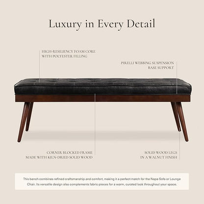 Poly & BARK 55" Tufted Leather Bed Bench for Bedroom End of Bed - Living Room Entry Way Bench - Pure Italian Leather Upholstery with a Solid Wood Frame - Ottoman Bench with Wooden Legs - Onyx Black