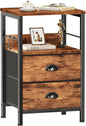 Furologee Nightstand with 2 Fabric Drawers, Night Stand with 2-Tier Shelf, Bedside Table with Hooks, Open Wooden Shelf, End Table for Bedroom, Backboard Design, Metal Frame, Rustic Brown