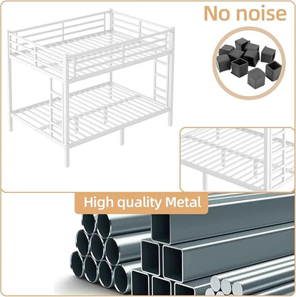 Queen Over Queen Bunk Bed Frame, Heavy Duty Metal Loft Bed for Adults/Teens, 400/600LB Capacity w/Ladder & Guardrail, Noise-Free Steel Slats, No Box Spring Required, White