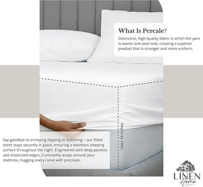 Linen Home 100% Cotton Percale Sheet Set, King Size, Snow White, Deep Pocket, 6 Pieces Set - 1 Flat, 1 Deep Pocket Fitted Sheet and 4 Pillowcases, Crisp Cool and Strong Bed Linen
