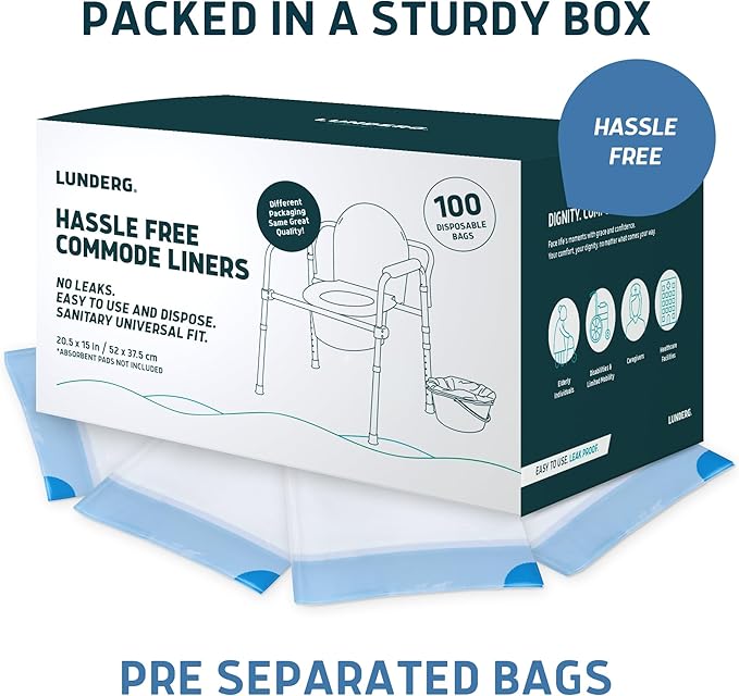 Lunderg Commode Liners - Value Pack 100 Count Universal Fit - Medical Grade Bedside Liners Disposable for Adult Commode Chair, Portable or Camping Toilet Bags