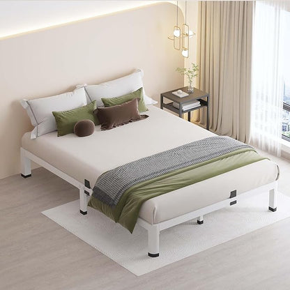 MAF 10 Inch Full Size Bed Frame White with Round Corner Legs Mattress Slide Stopper No Box Spring Needed Heavy Duty Metal Platform Bed Frames Under-Bed Storage Space, 3000 LBS Steel Slats Support