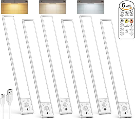 Under Cabinet Lighting Wireless, Rechargeable 62 LED Motion Sensor Light Indoor, 3 Color Temps Closet Lights with Remote Control, Dimmable Magnetic Under Counter Lights for Kitchen, Stairs, 6 Pack