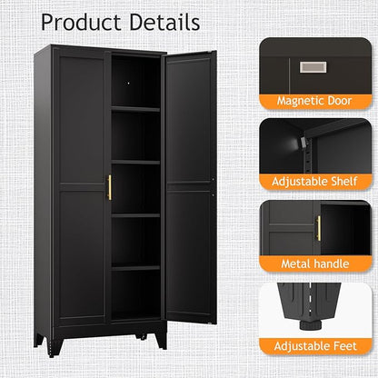 71" Tall Metal Pantry Storage Cabinet with Doors and 4 Adjustable Shelves, Black Kitchen Food Pantry Cabinets, Tall Freestanding Cupboard for Kitchen, Dining Room or Living Room, Black