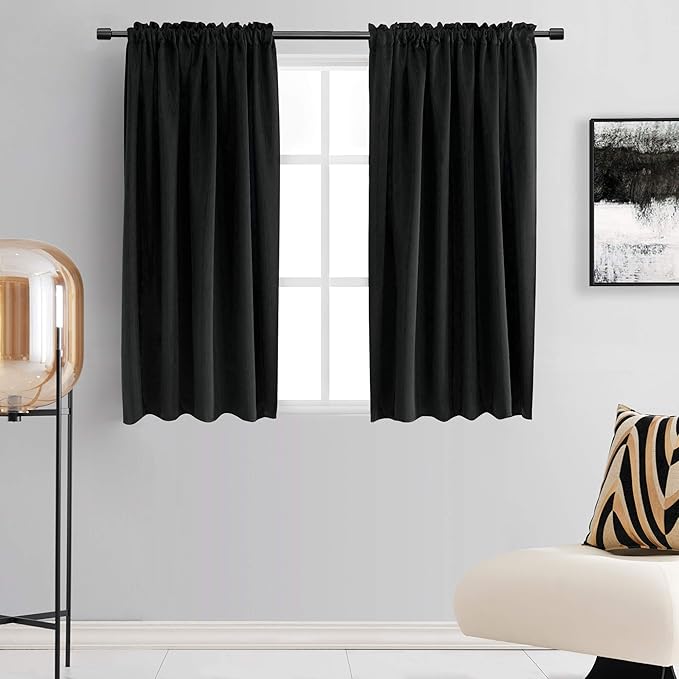 DONREN 99% Blackout Curtain Drapes for Bedroom - Thermal Insulating Rod Pocket Curtain Panels for Small Windows(42 x 45 Inch,Set of 2 Panels,Black)