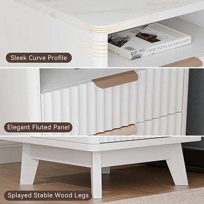 White Nightstand with 2 Drawers, 18" Modern Night Stand with Faux Marble Top, Open Storage Shelf, Fluted Bedside Table for Bedroom, End Table Side Table