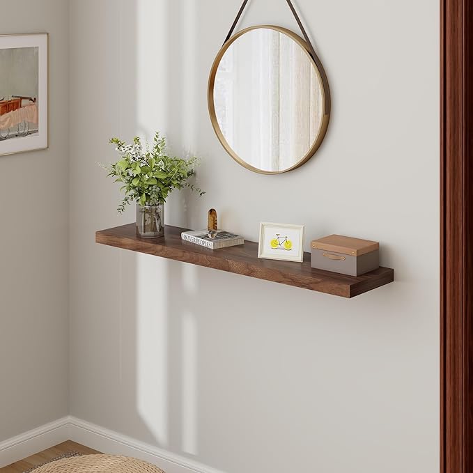 Fun Memories Farmhouse Floating Shelves for Wall, 48 x 9.3 Large Floating Shelf Wall Mounted, Rustic Wood Shelves for Bathroom, Kitchen, Living, Heavy-Duty Storage Deep Shelf for Books, Decor, Walnut