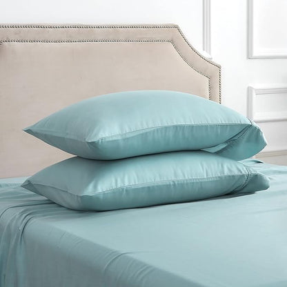 Linen World Lyocell Cooling Bed Sheets Set Queen Size,100% Organically Grown Viscose Sheets,Deep Pocket Up to 16",4 Pieces Silky Soft,Breathable Bedding Sheets & Pillowcases(Ice Blue,Queen)