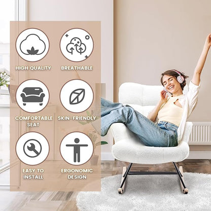 Rocking Chair Nursery Teddy Upholstered Glider Rocker Rocking Accent Chair Padded Seat with High Backrest Armchair Comfy Side Chair for Living Room Bedroom Offices (White Teddy)