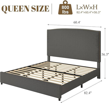 Queen Size Upholstered Platform Bed Frame with 56" Headboard, Soft Boucle Fabric, Mid-Century Modern Design, No Box Spring Required, Easy Assembly, Grey