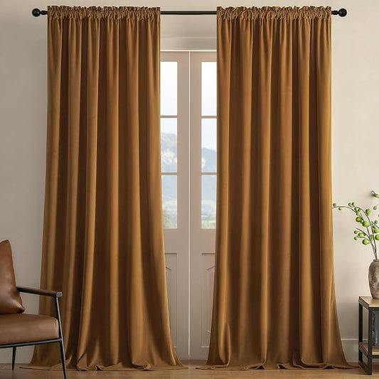 Joydeco Brown Velvet Curtains 102 inch Length 2 Panels, Luxury Blackout Rod Pocket Thermal Insulated Window Curtains, Super Soft Room Darkening Drapes for Living Dining Room Bedroom,W52 x L102 inches