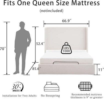 Queen All-in-One Adjustable Bed Frame with Upholstered Wingback Headboard, Head and Foot Incline, Zero Gravity, Massage, App and Wireless Remote, No-Noise, Minimalist, Textured Ivory Canvas