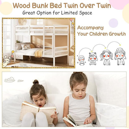 KOMFOTT Wood Bunk Bed Twin Over Twin, Bunk Bed with Ladder & Safety Guardrail, Solid Wood Bed Frame, Ideal for Dormitory & Multiple-Child Family, No Box Spring Needed, Kids Bed Frame