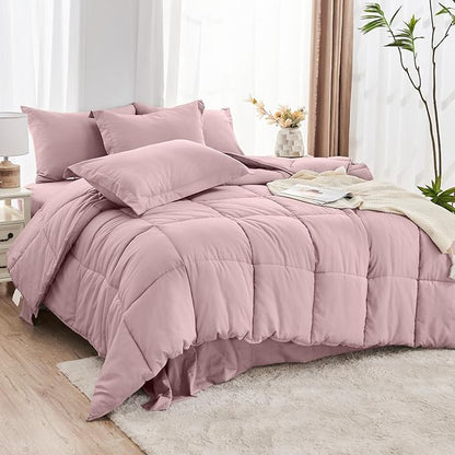JOLLYVOGUE Full Comforter Set, Ultra-Soft Bed in a Bag Full Size 7 Pieces, Oeko-TEX Certified Bedding Set with Down Alternative Comforter, Sheets, Pillowcases & Shams, Camio Pink