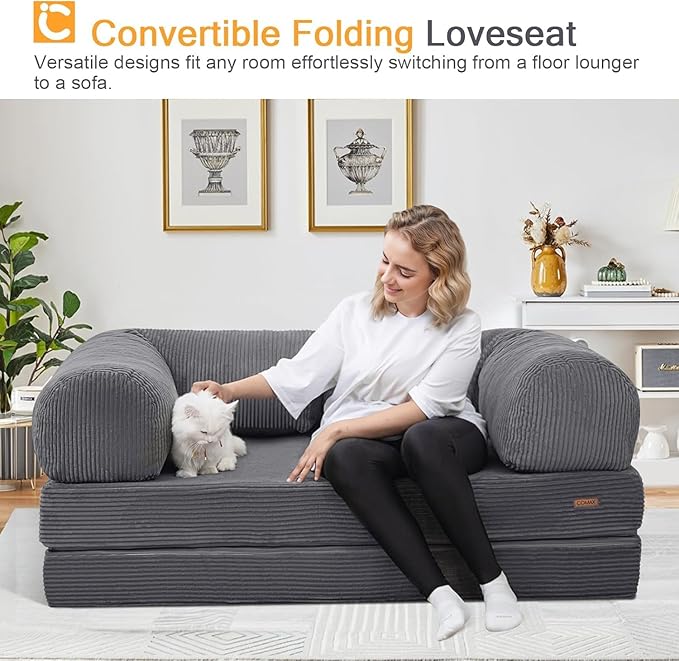 COMAX Futon Sofa Bed, 4-in-1 Floor Foldable Sofa Couch Queen with L-Shaped Armrests, Convertible Folding Chair Bed Sleeper Mattress Fold Out Comfy Lounge for Living Room Bedroom, Grey