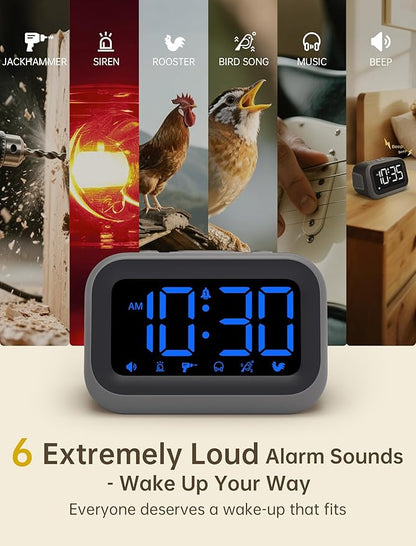 Super Loud Alarm Clock: 115dB Dual Alarms and 6 Alarm Sounds for Heavy Sleepers - Adult Shift Workers in Bedroom or Daily Wake-Up Use - Blue Digits