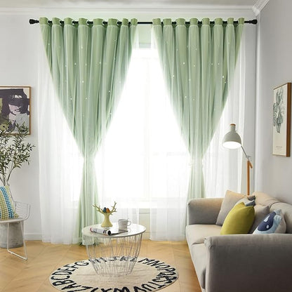Stars Double Layer Blackout Curtains for Bedroom Kids, Cute Green Curtains 84 Inches Long, 2 Panels Set, 52 X 84 Inches