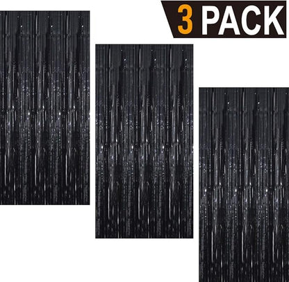 GOER 3.2 ft x 9.8 ft Metallic Tinsel Foil Fringe Curtains Party Photo Backdrop Party Streamers for Halloween,Birthday,Graduation,New Year Eve Decorations Wedding Decor (3 Packs,Black)